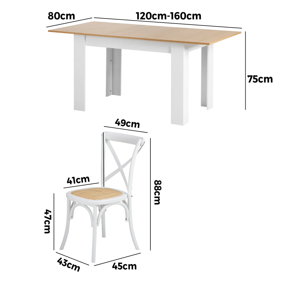 Oikiture 160cm Extendable Dining Table with 6PCS Chairs Crossback White
