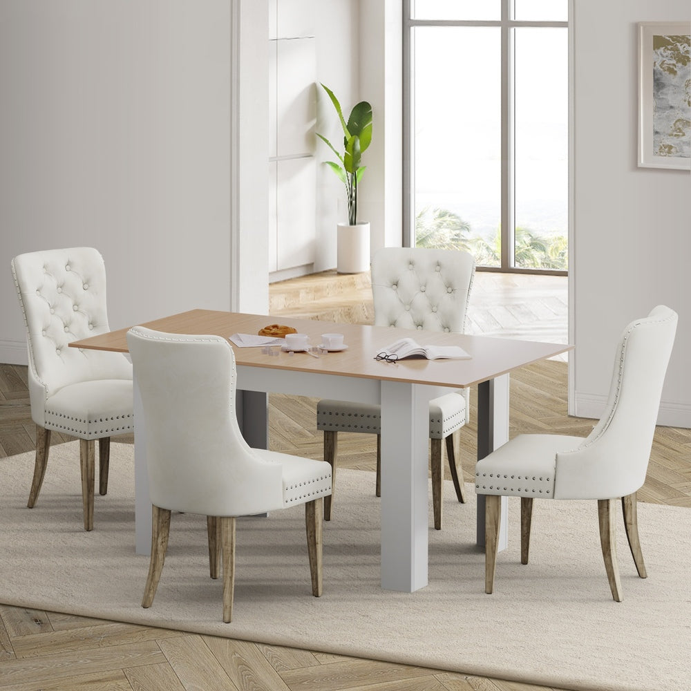 Oikiture 160cm Extendable Dining Table with 4PCS Chairs Velvet Beige
