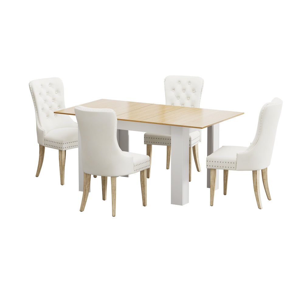 Oikiture 160cm Extendable Dining Table with 4PCS Chairs Velvet Beige