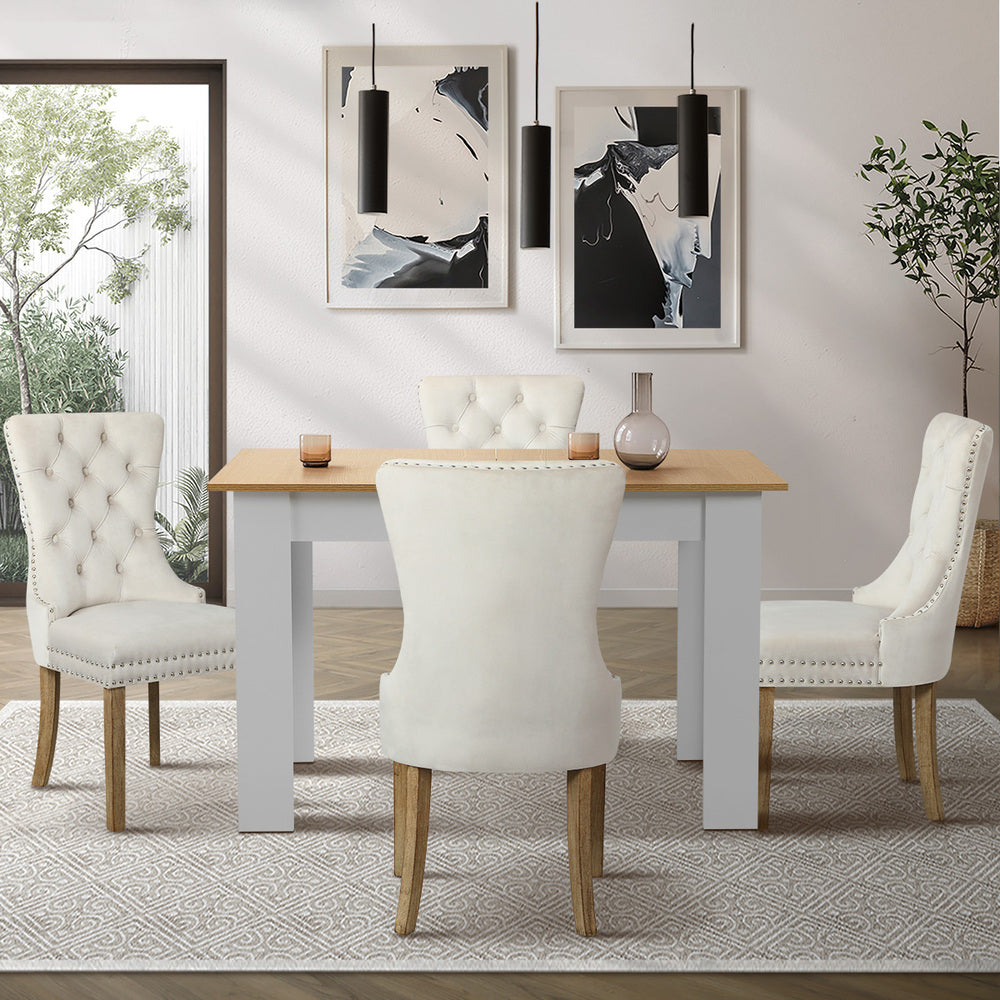 Oikiture 160cm Extendable Dining Table with 4PCS Chairs Velvet Beige