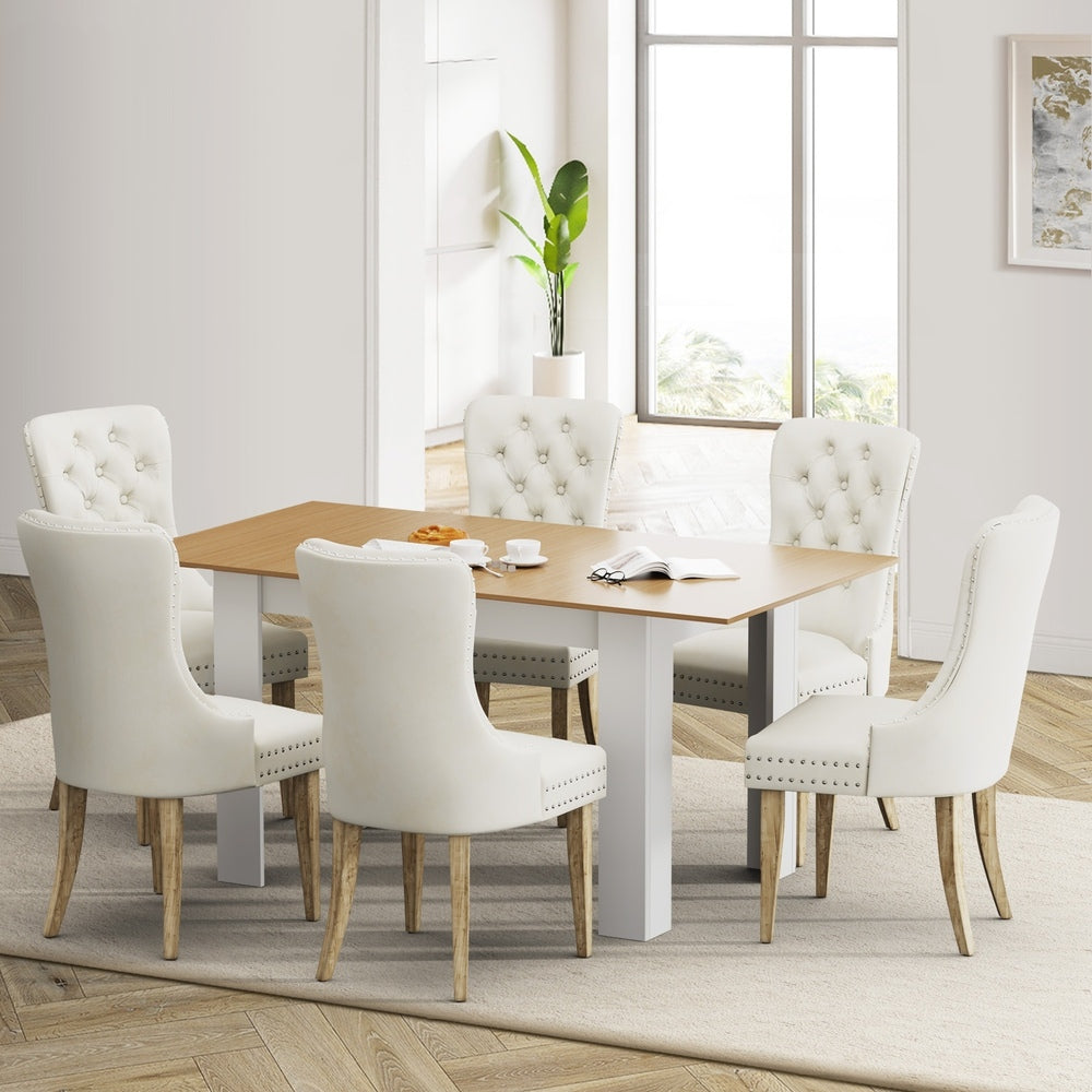 Oikiture 160cm Extendable Dining Table with 6PCS Chairs Velvet Beige