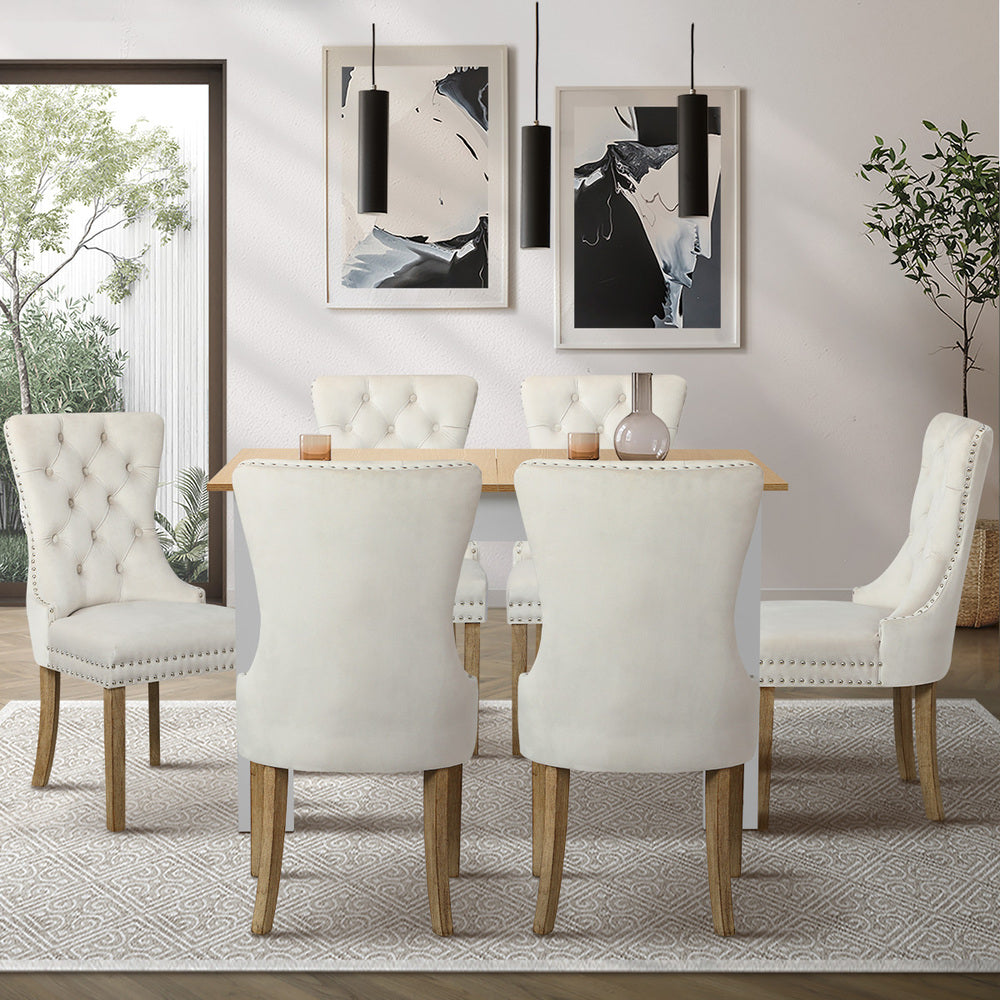 Oikiture 160cm Extendable Dining Table with 6PCS Chairs Velvet Beige