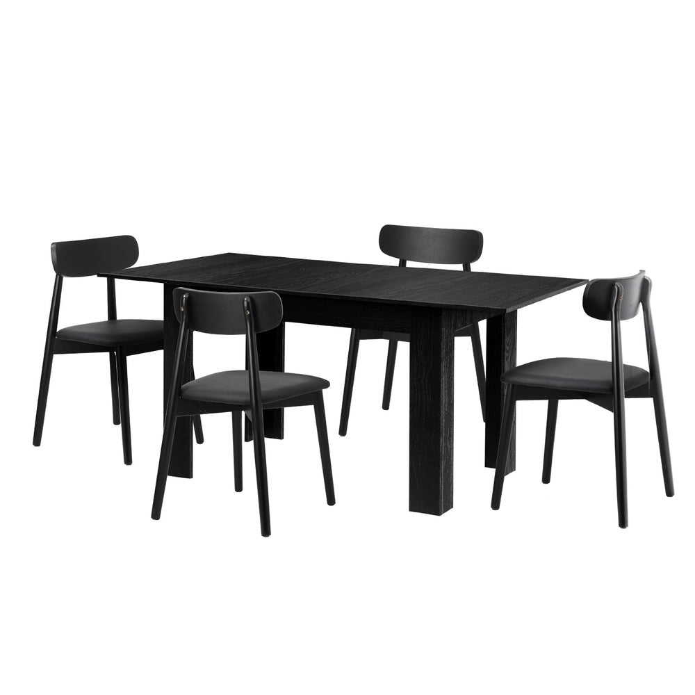 Oikiture 160cm Extendable Dining Table with 4x Dining Chairs PU Leather Black