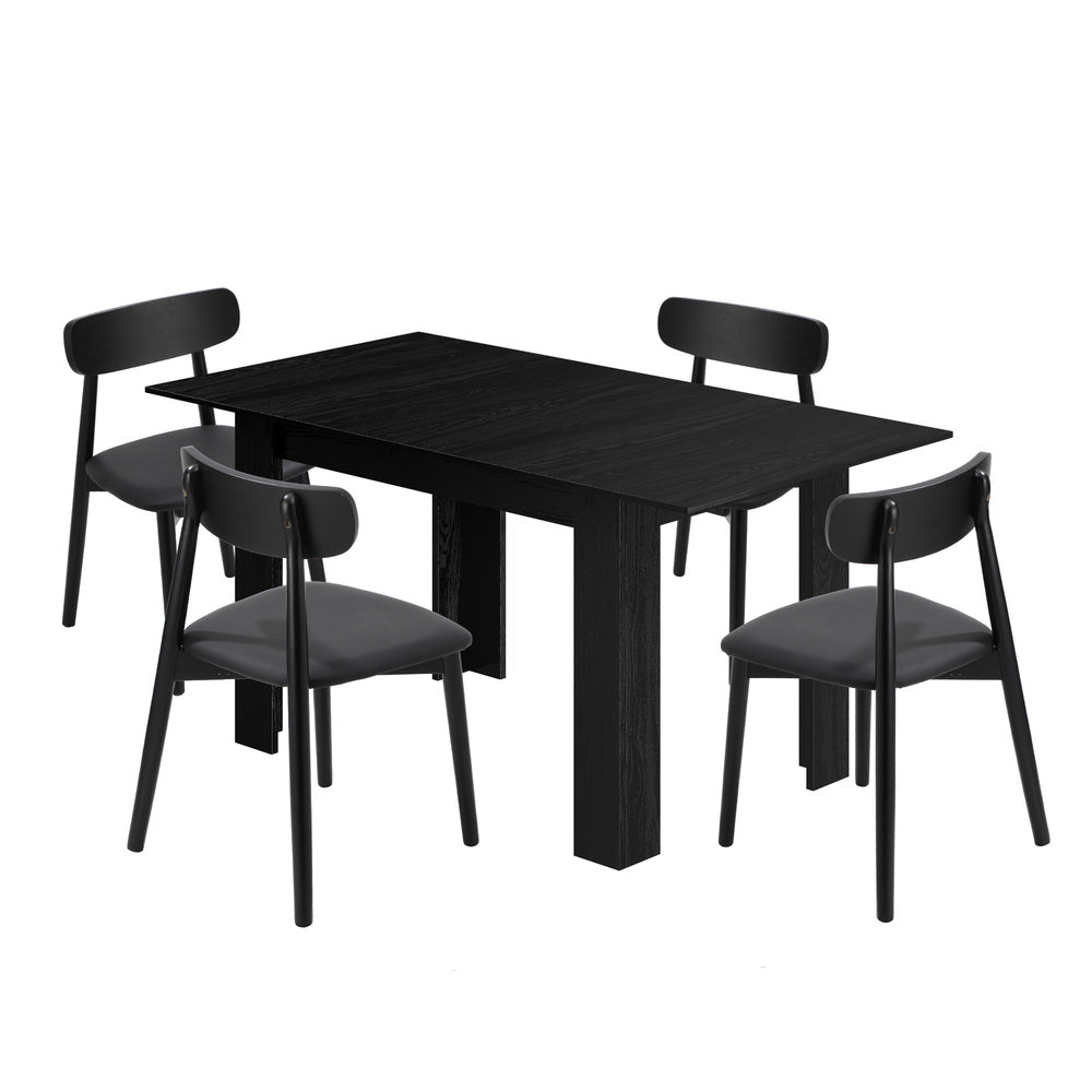 Oikiture 160cm Extendable Dining Table with 4x Dining Chairs PU Leather Black