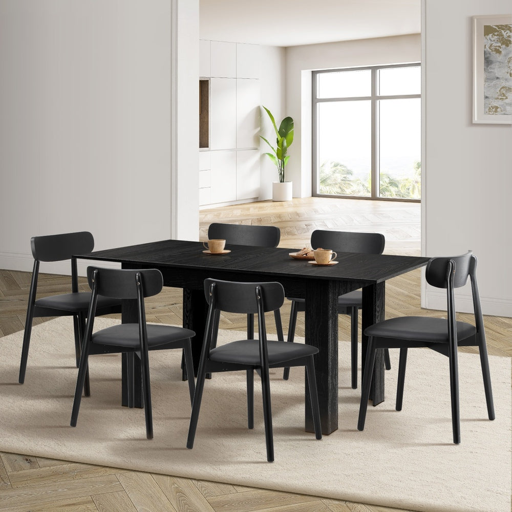 Oikiture 160cm Extendable Dining Table with 6x Dining Chairs PU Leather Black