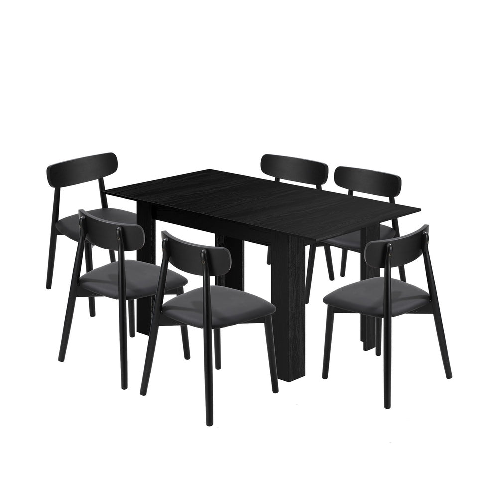 Oikiture 160cm Extendable Dining Table with 6x Dining Chairs PU Leather Black