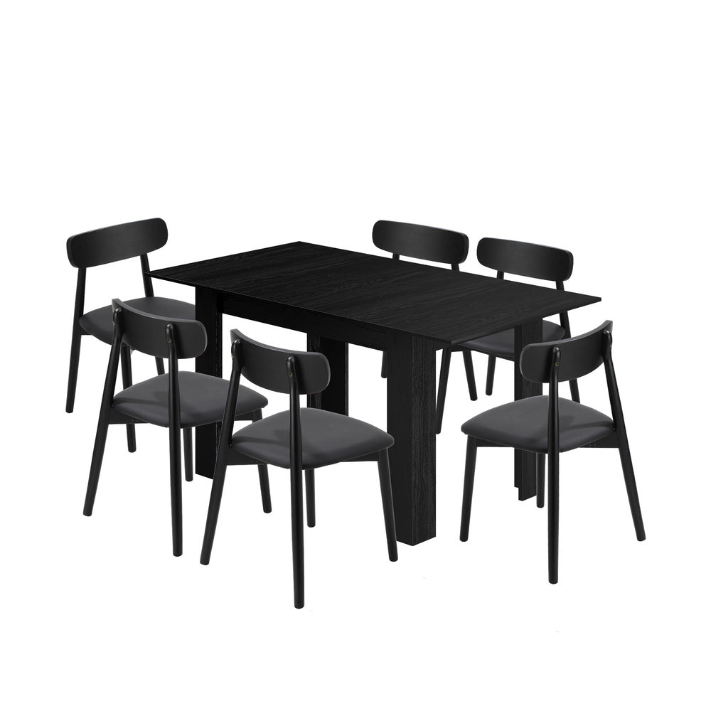 Oikiture 160cm Extendable Dining Table with 6x Dining Chairs PU Leather Black
