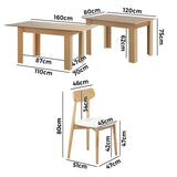 Oikiture 160cm Extendable Dining Table with 4x Dining Chairs PU Leather Natural - Front View