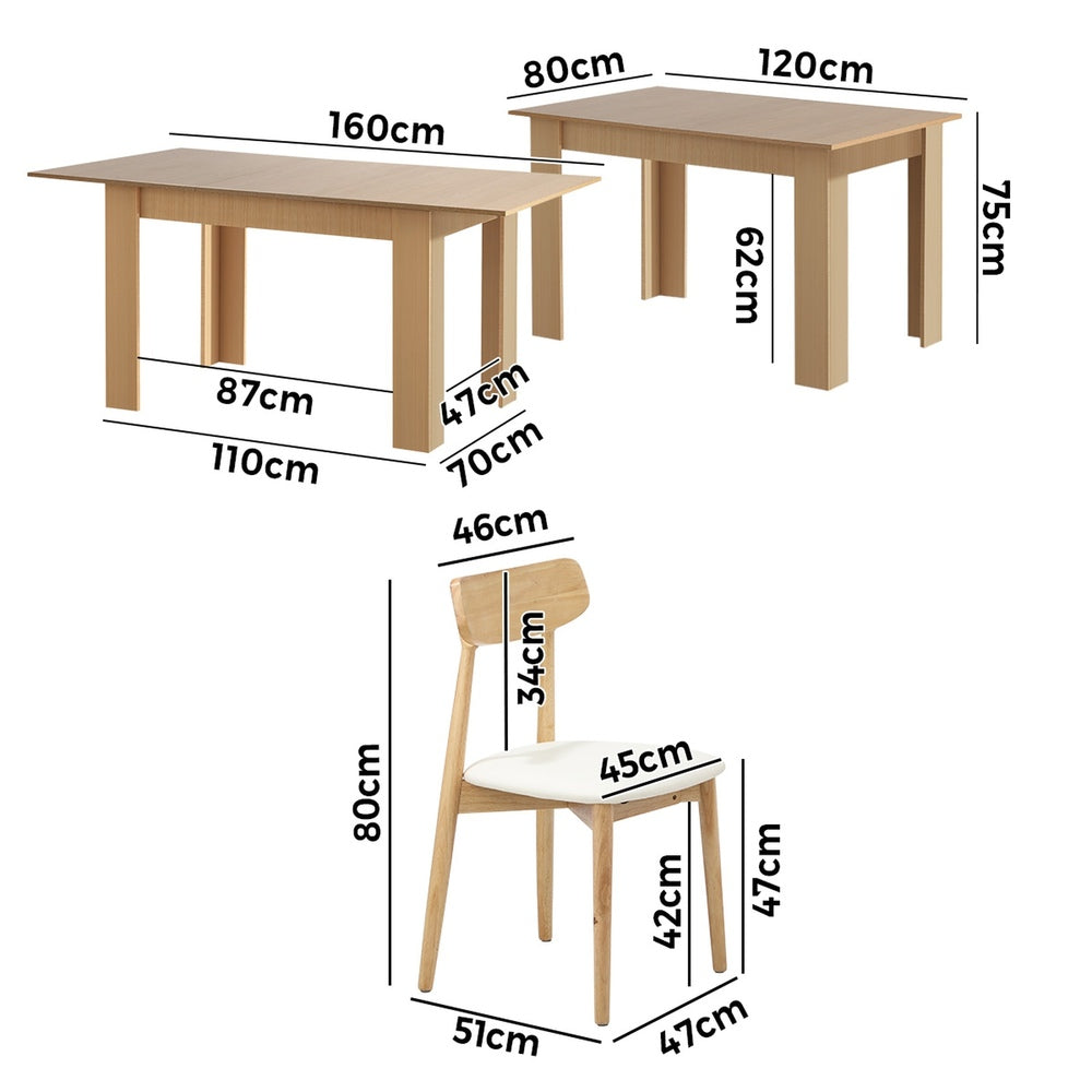 Oikiture 160cm Extendable Dining Table with 6x Dining Chairs PU Leather Natural