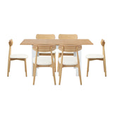 Oikiture 160cm Extendable Dining Table with 6x Dining Chairs PU Leather White - Close-Up Angle