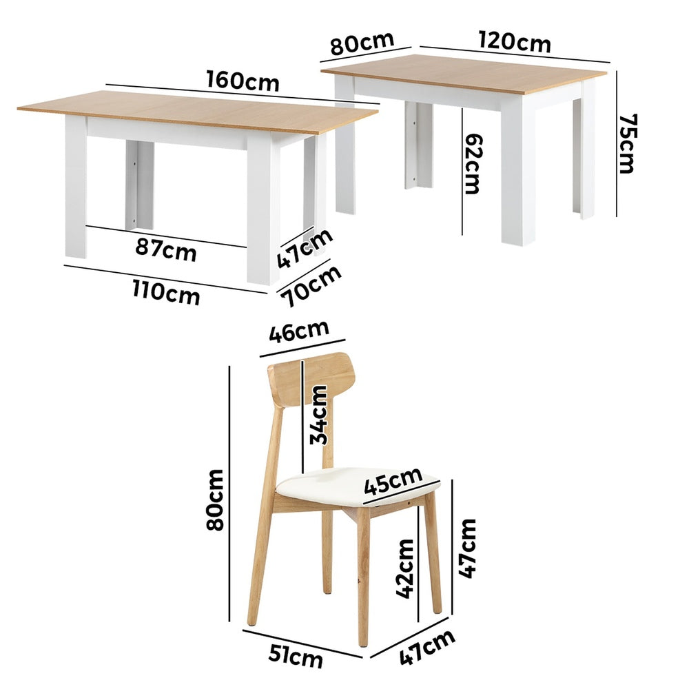 Oikiture 160cm Extendable Dining Table with 6x Dining Chairs PU Leather White