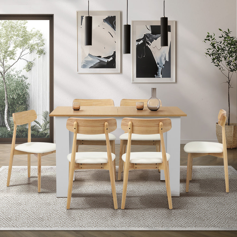 Oikiture 160cm Extendable Dining Table with 6x Dining Chairs PU Leather White