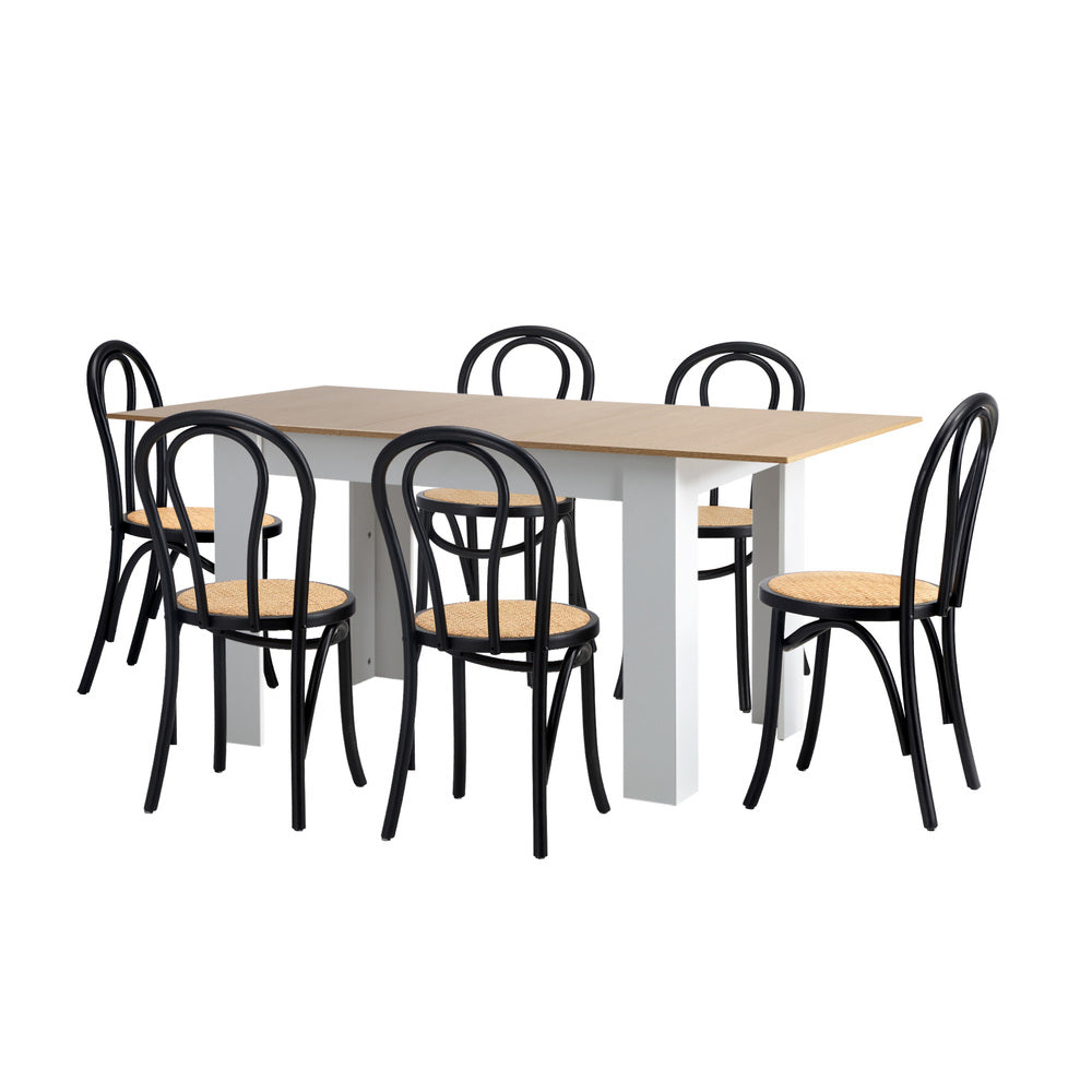 Oikiture 160cm Extendable Dining Table with 6PCS Crossback Chairs Black