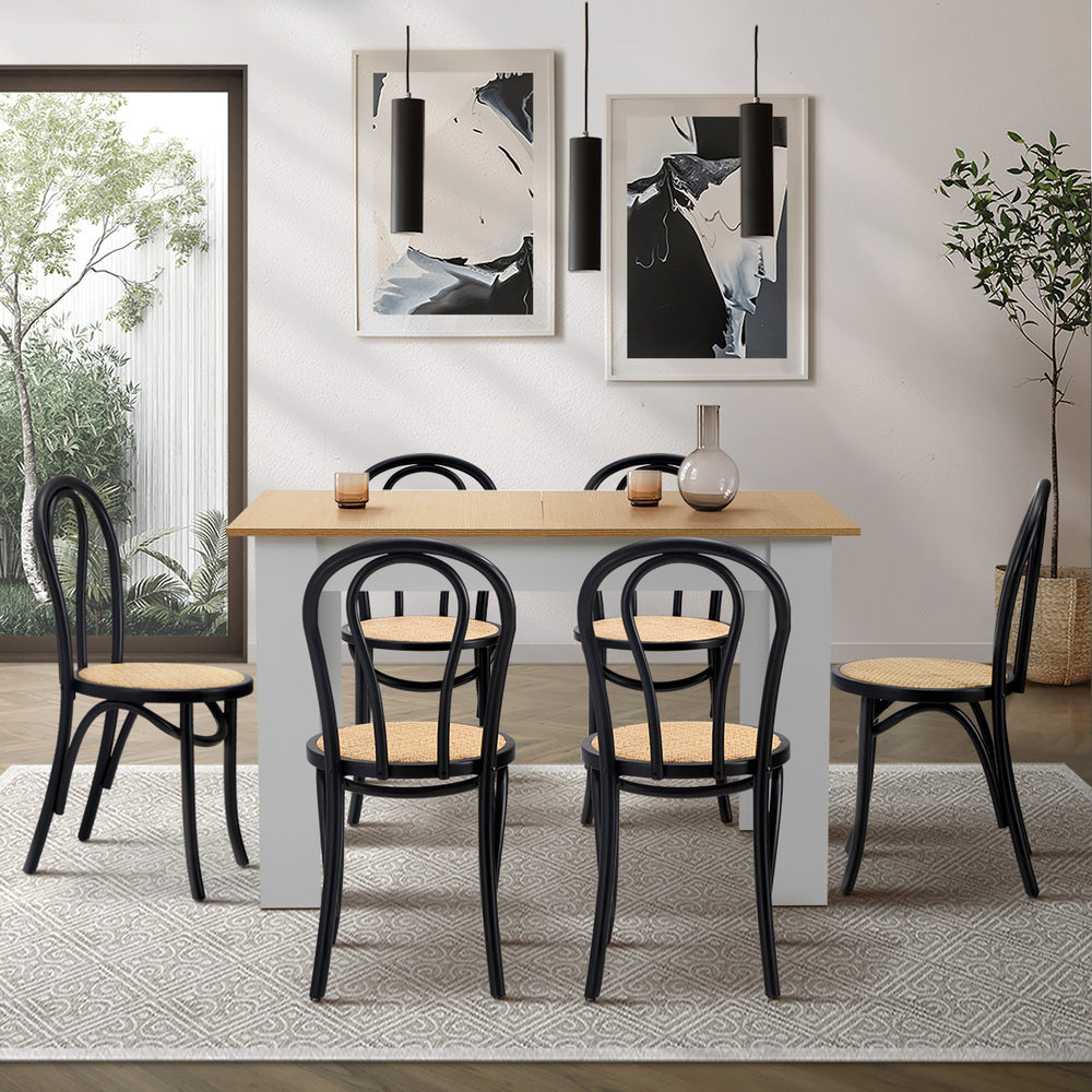 Oikiture 160cm Extendable Dining Table with 6PCS Crossback Chairs Black