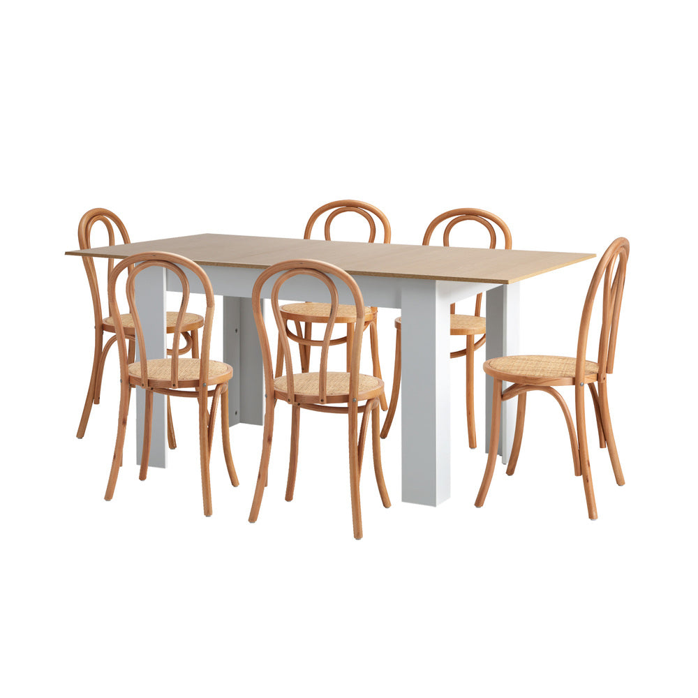 Oikiture 160cm Extendable Dining Table with 6PCS Crossback Chairs Natural