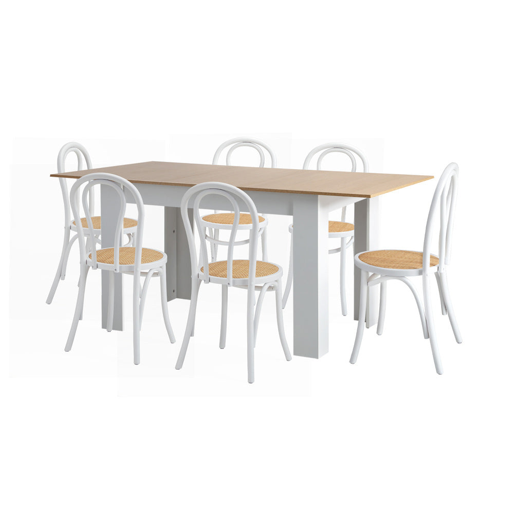 Oikiture 160cm Extendable Dining Table with 6PCS Crossback Chairs White