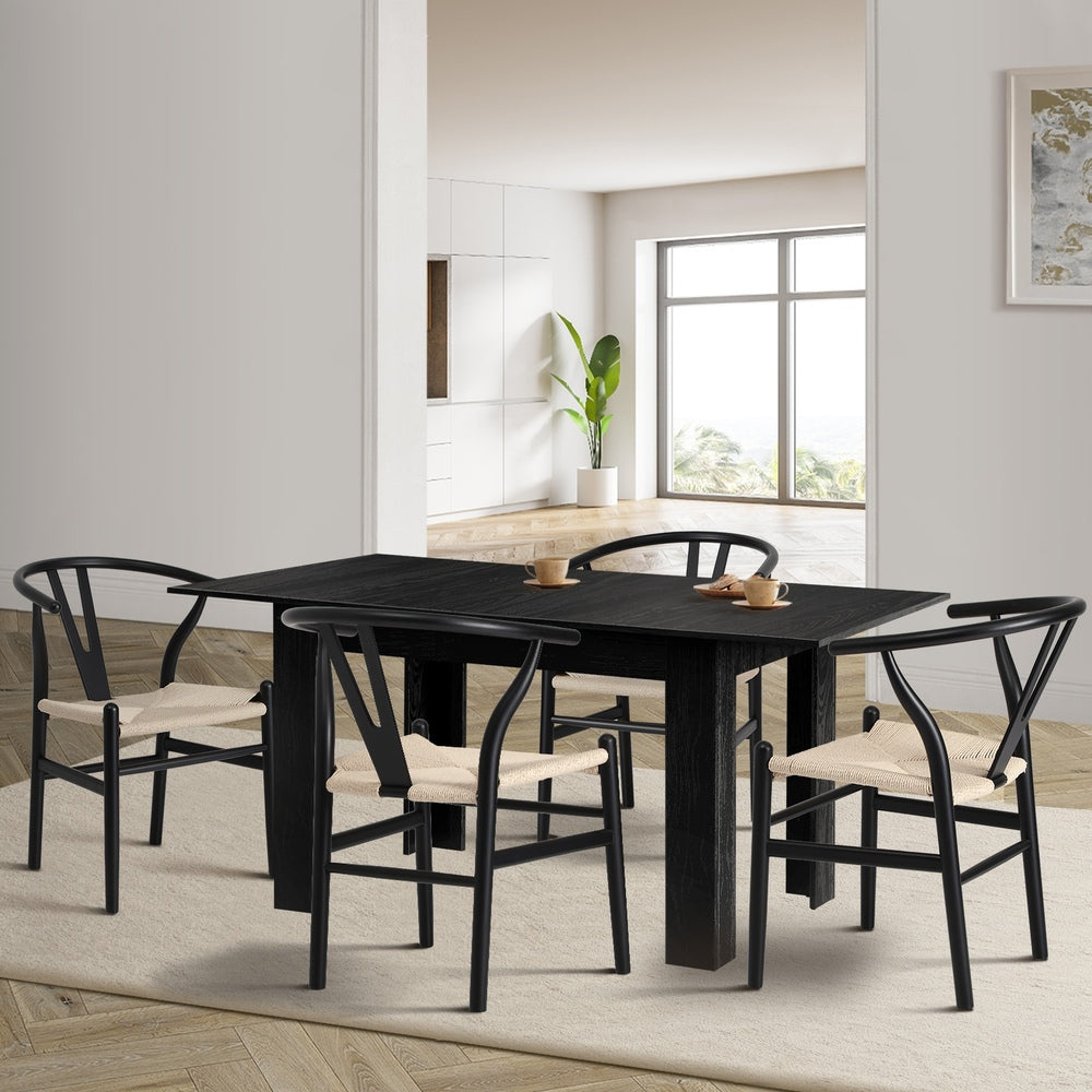 Oikiture 160cm Extendable Dining Table with 4x Hans Wegner Dining Chairs Black