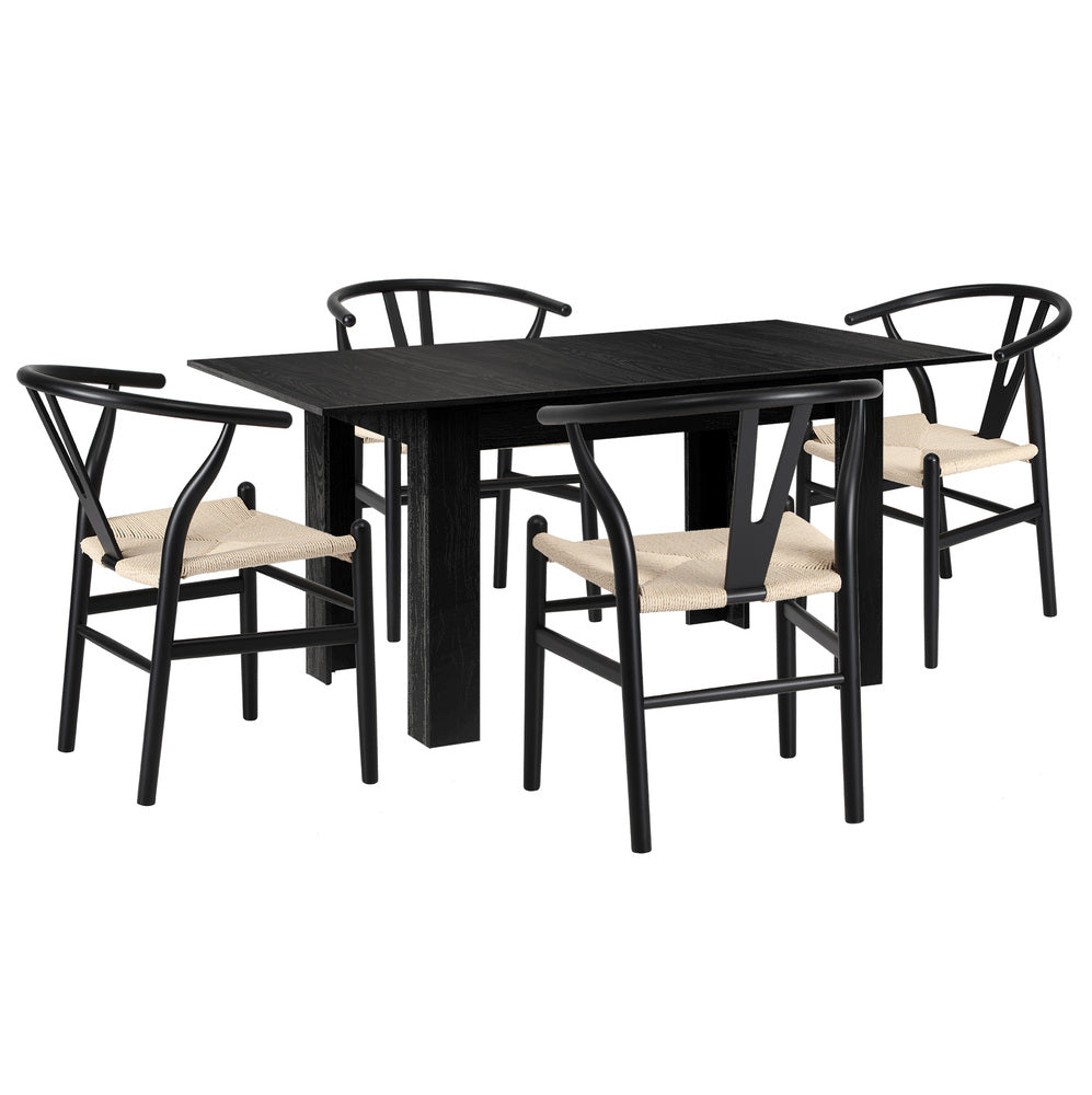 Oikiture 160cm Extendable Dining Table with 4x Hans Wegner Dining Chairs Black