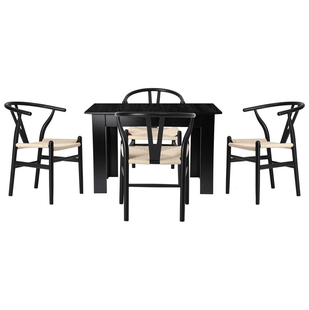 Oikiture 160cm Extendable Dining Table with 4x Hans Wegner Dining Chairs Black