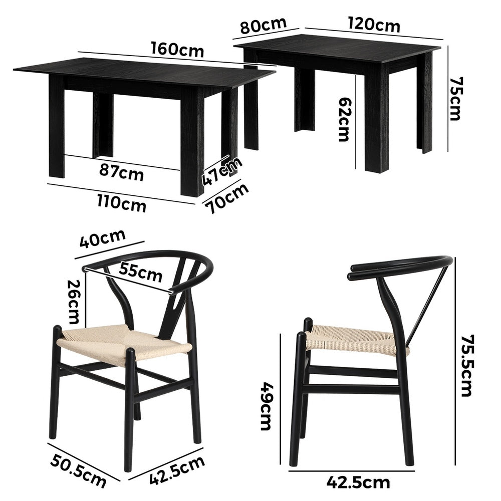 Oikiture 160cm Extendable Dining Table with 4x Hans Wegner Dining Chairs Black
