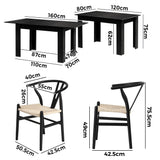Oikiture 160cm Extendable Dining Table with 4x Hans Wegner Dining Chairs Black - 45-Degree Angle