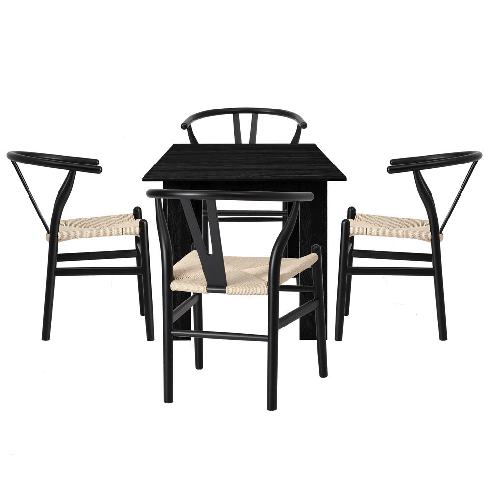 Oikiture 160cm Extendable Dining Table with 4x Hans Wegner Dining Chairs Black