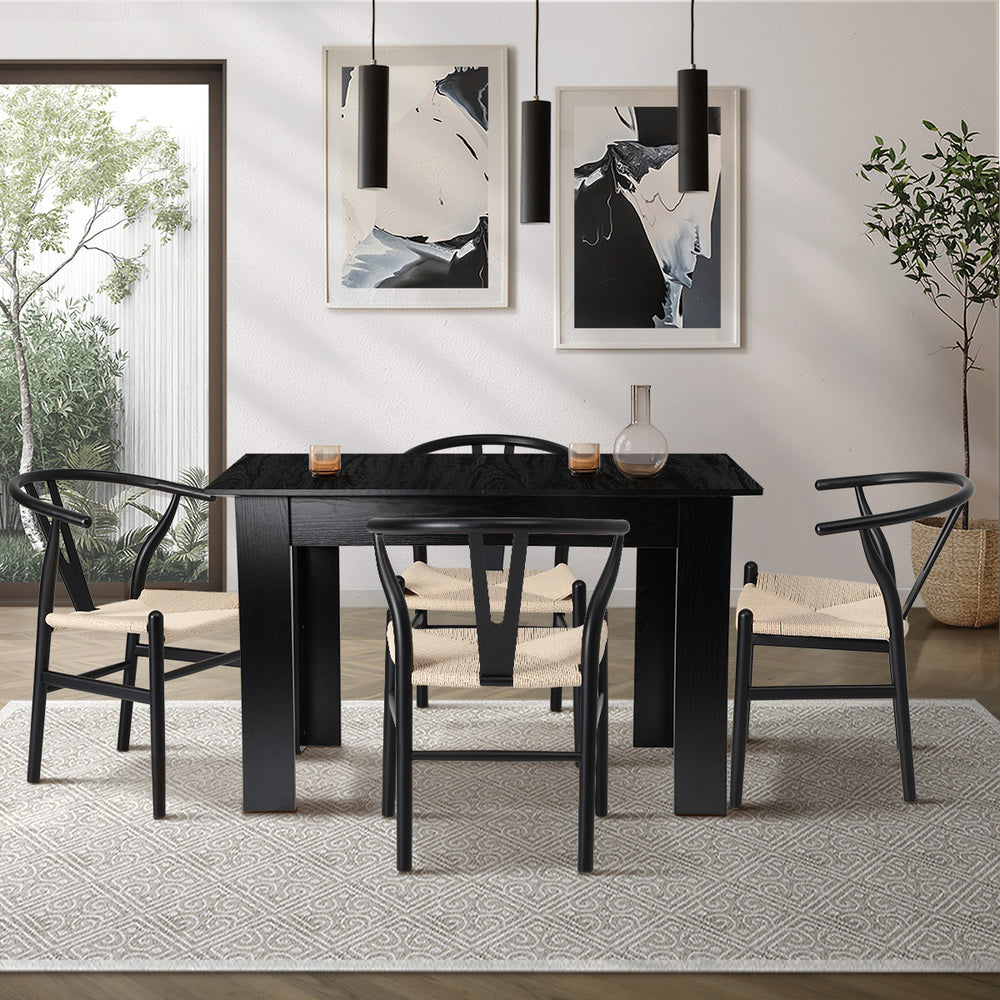 Oikiture 160cm Extendable Dining Table with 4x Hans Wegner Dining Chairs Black
