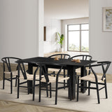 Oikiture 160cm Extendable Dining Table with 6x Hans Wegner Dining Chairs Black - Close-Up Angle