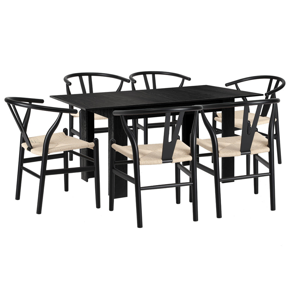Oikiture 160cm Extendable Dining Table with 6x Hans Wegner Dining Chairs Black