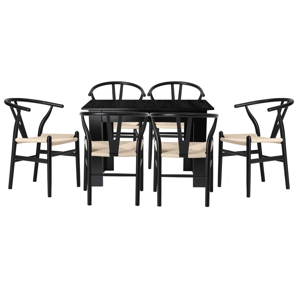 Oikiture 160cm Extendable Dining Table with 6x Hans Wegner Dining Chairs Black