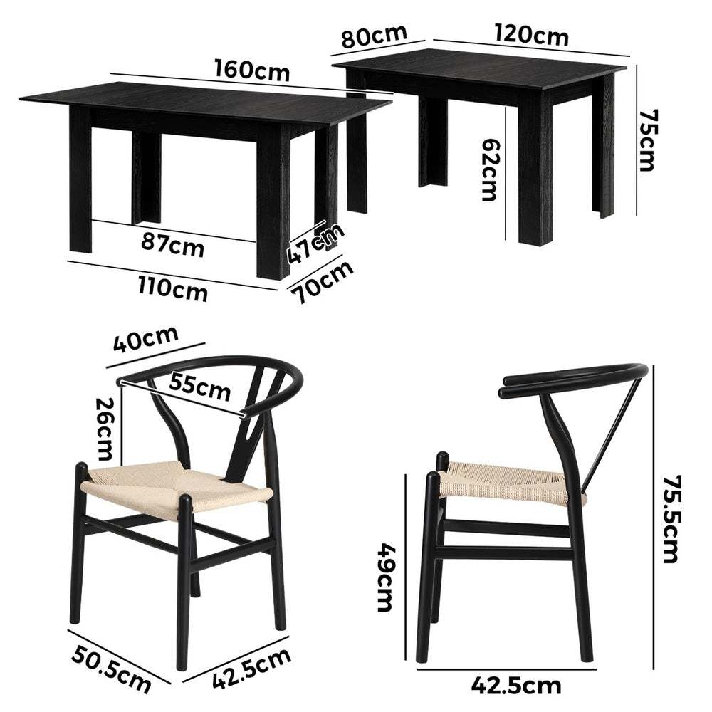 Oikiture 160cm Extendable Dining Table with 6x Hans Wegner Dining Chairs Black