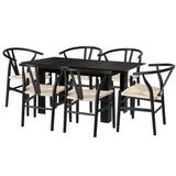 Oikiture 160cm Extendable Dining Table with 6x Hans Wegner Dining Chairs Black