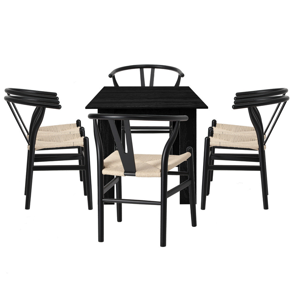 Oikiture 160cm Extendable Dining Table with 6x Hans Wegner Dining Chairs Black