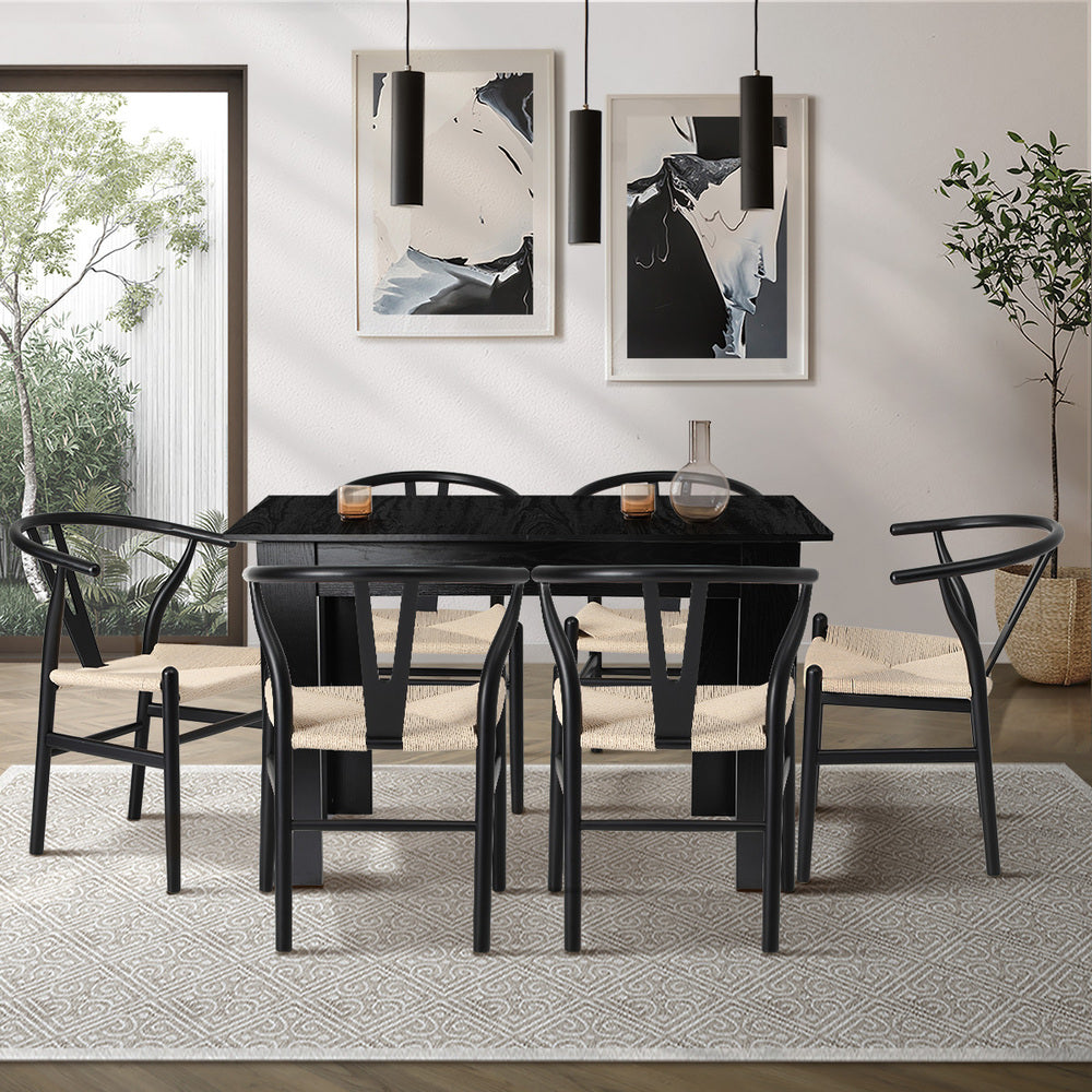 Oikiture 160cm Extendable Dining Table with 6x Hans Wegner Dining Chairs Black