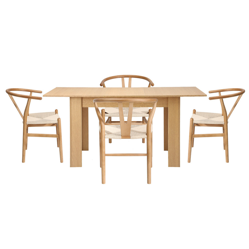 Oikiture 160cm Extendable Dining Table with 4x Hans Wegner Dining Chairs Natural