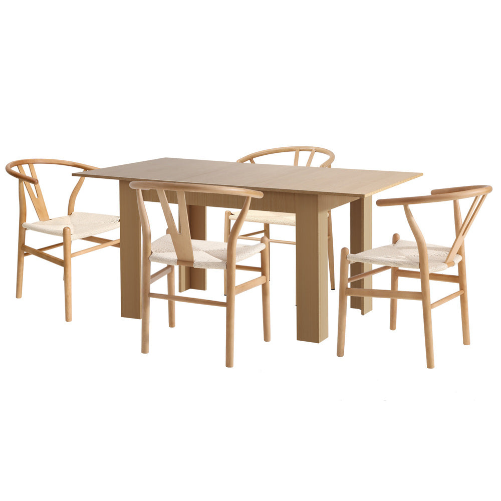 Oikiture 160cm Extendable Dining Table with 4x Hans Wegner Dining Chairs Natural