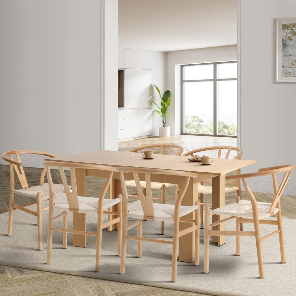 Oikiture 160cm Extendable Dining Table with 6x Hans Wegner Dining Chairs Natural