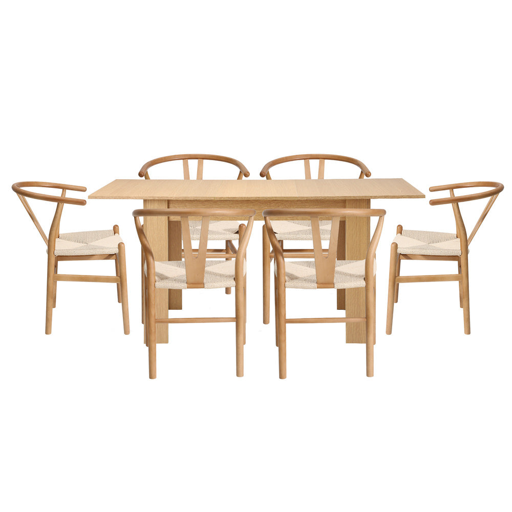 Oikiture 160cm Extendable Dining Table with 6x Hans Wegner Dining Chairs Natural
