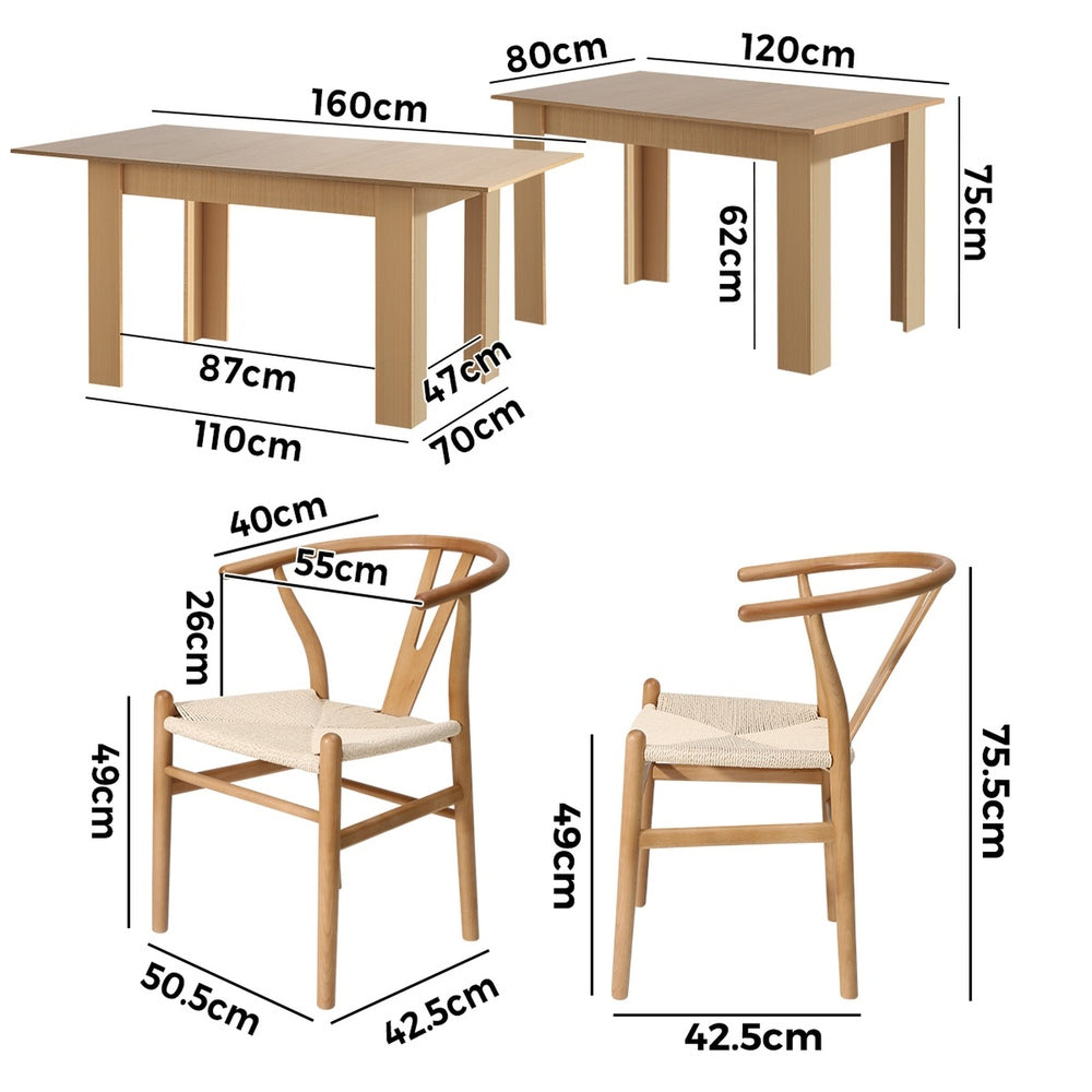 Oikiture 160cm Extendable Dining Table with 6x Hans Wegner Dining Chairs Natural