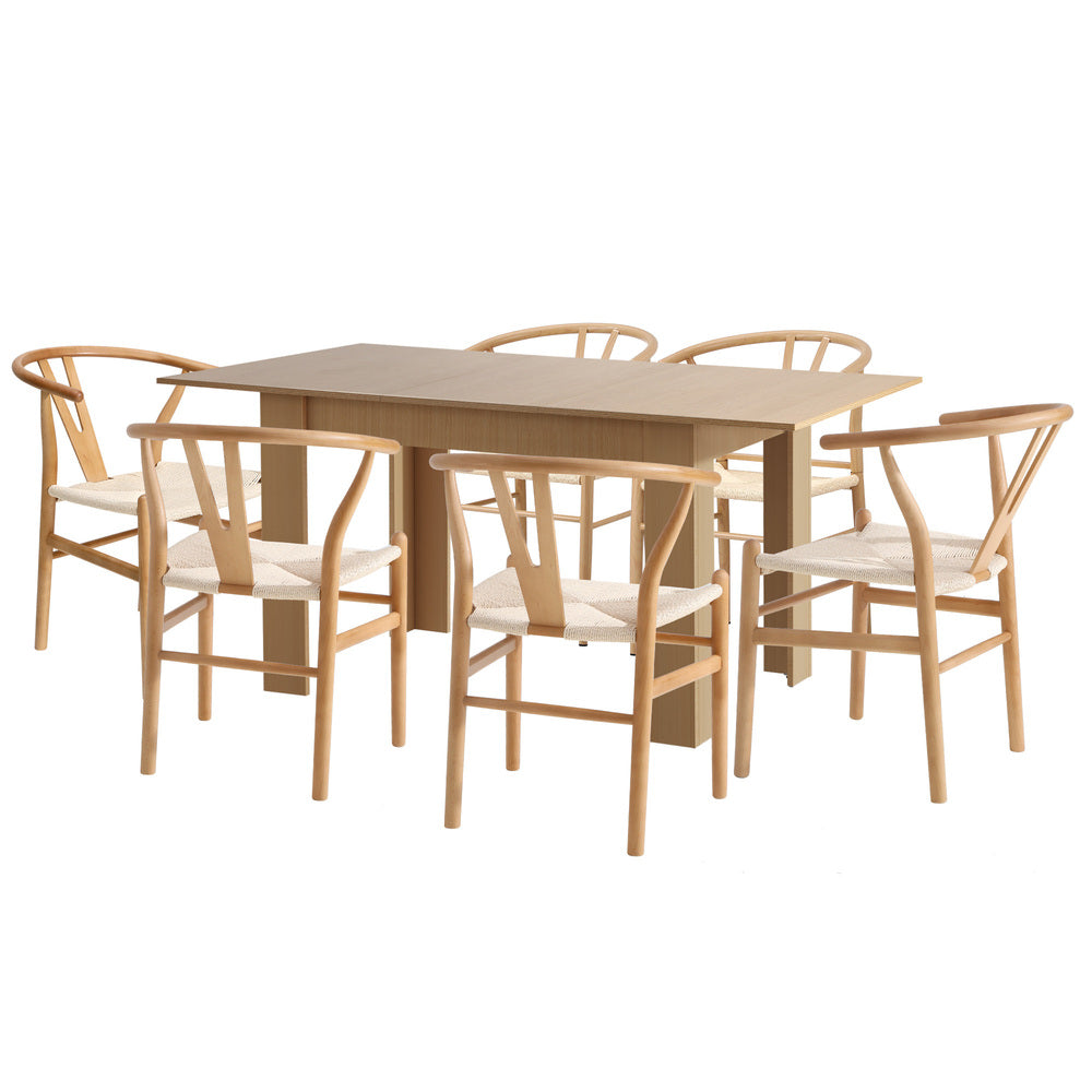 Oikiture 160cm Extendable Dining Table with 6x Hans Wegner Dining Chairs Natural
