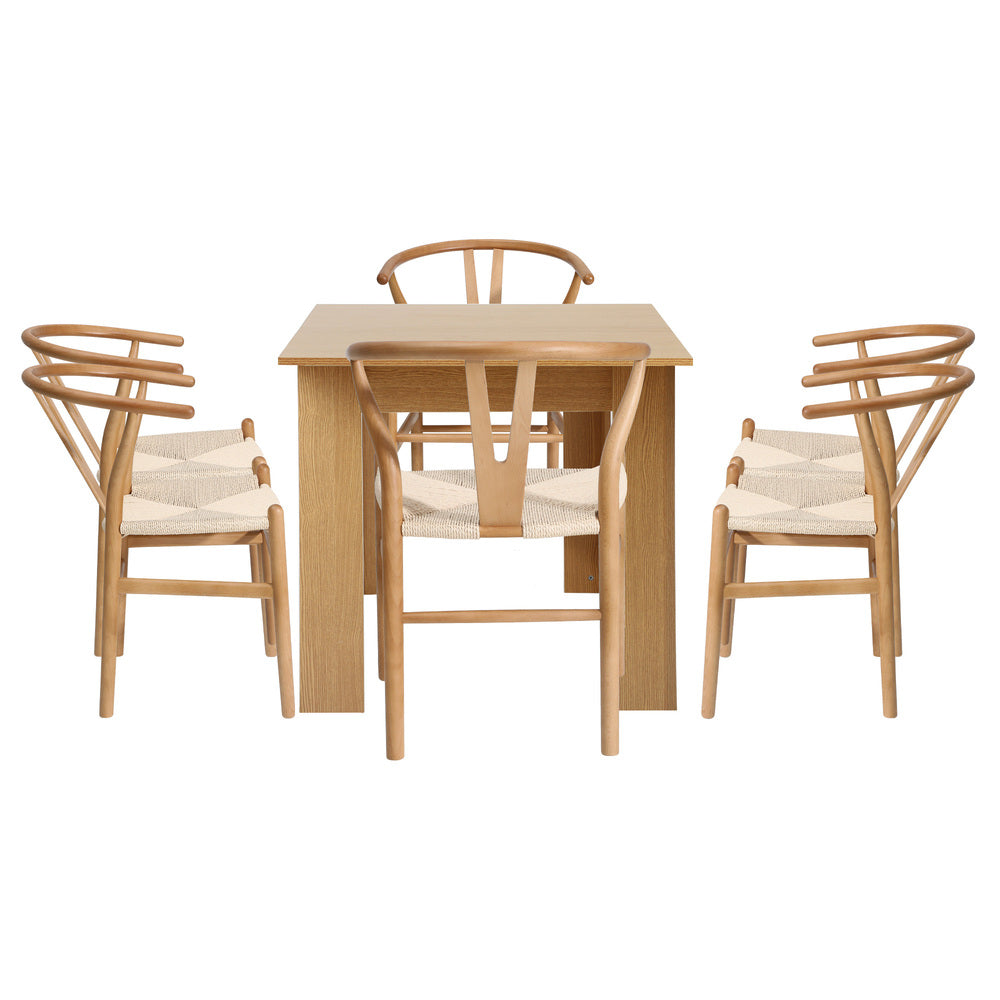 Oikiture 160cm Extendable Dining Table with 6x Hans Wegner Dining Chairs Natural