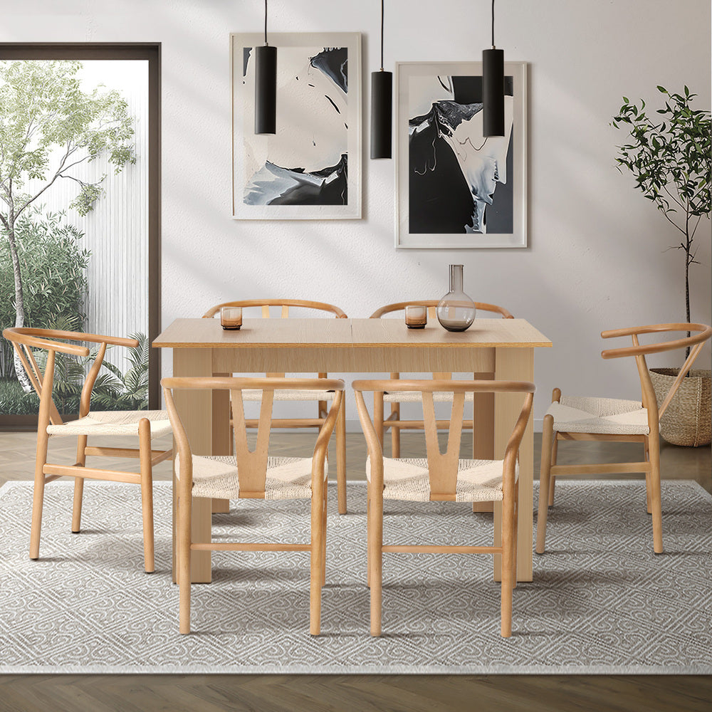 Oikiture 160cm Extendable Dining Table with 6x Hans Wegner Dining Chairs Natural