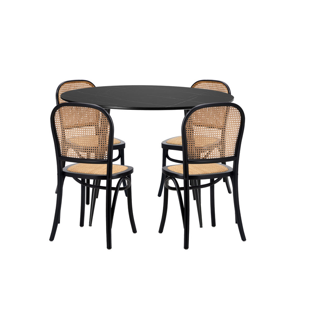 Oikiture 110cm Round Dining Table with 4PCS Dining Chairs Wooden Black
