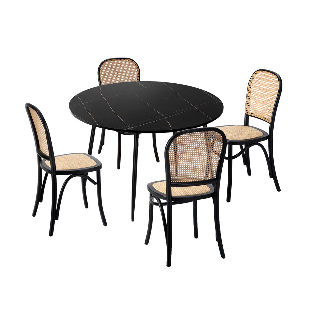 Oikiture 110cm Round Dining Table with 4PCS Dining Chairs Wooden Black