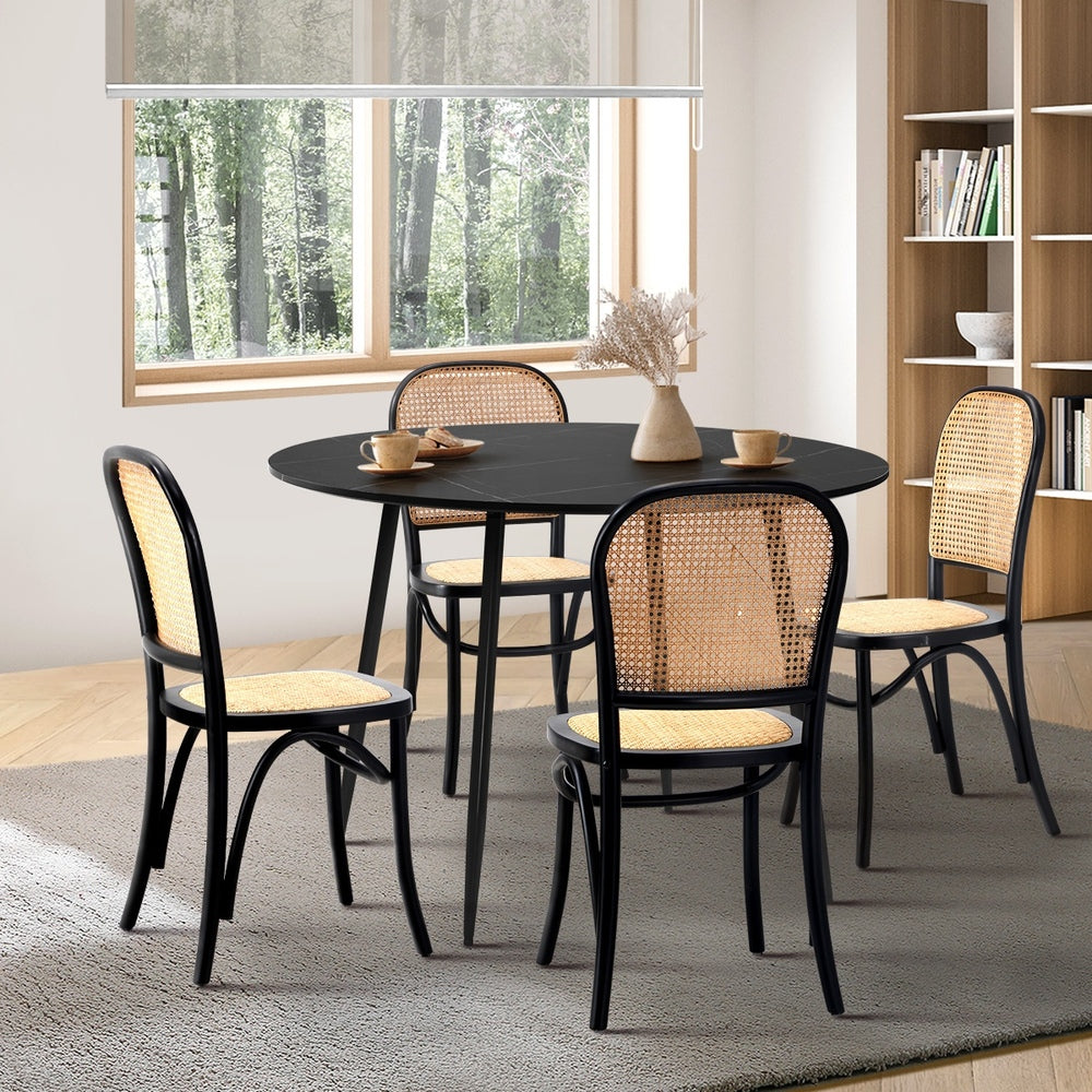 Oikiture 110cm Round Dining Table with 4PCS Dining Chairs Wooden Black