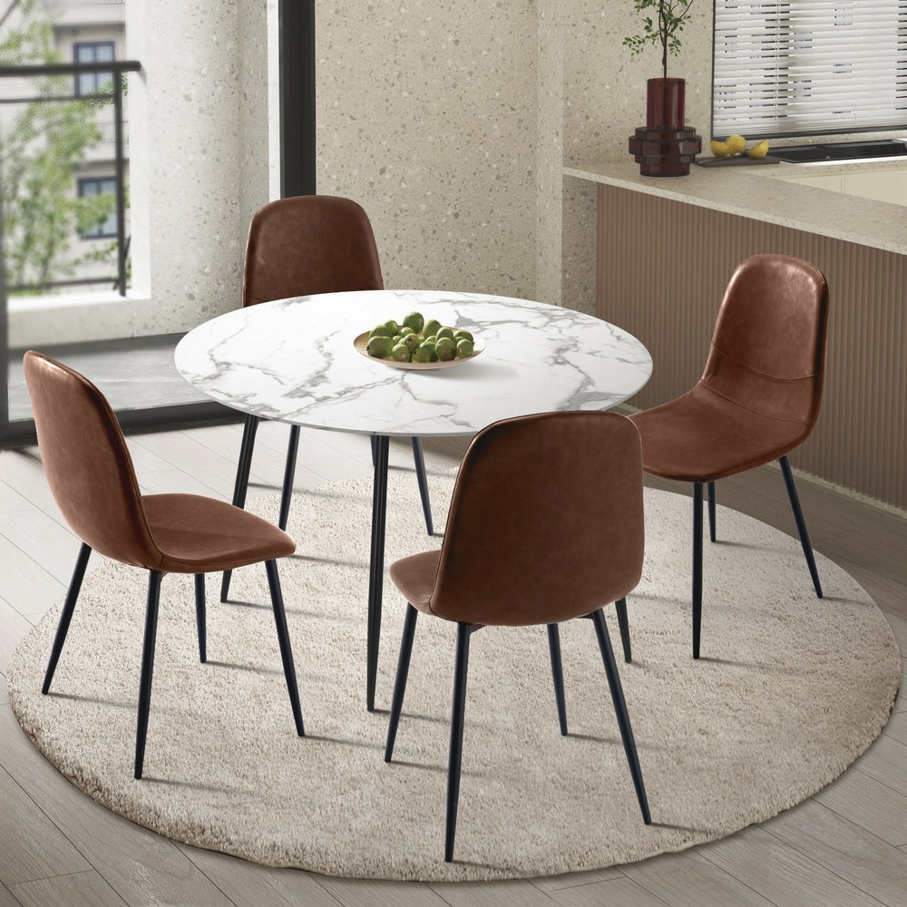 Oikiture Round Dining Table & 4PCS Dining Chairs PU Brown