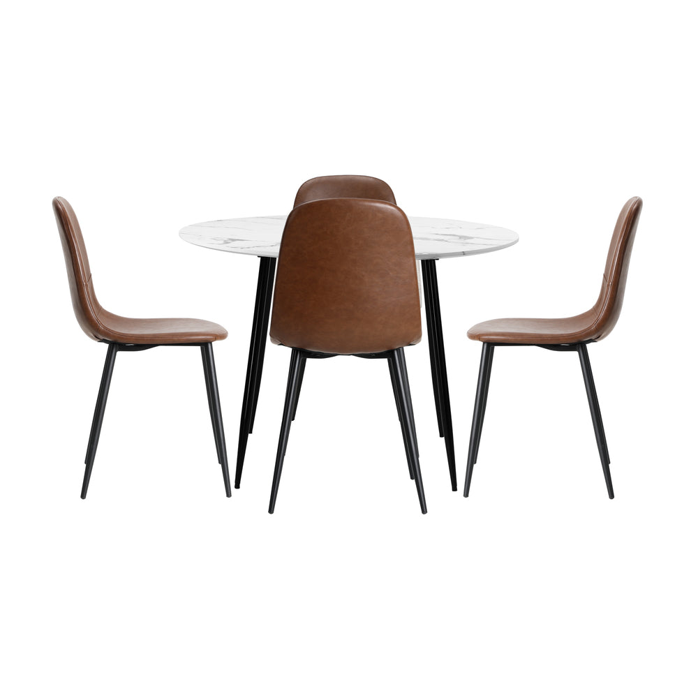 Oikiture Round Dining Table & 4PCS Dining Chairs PU Brown