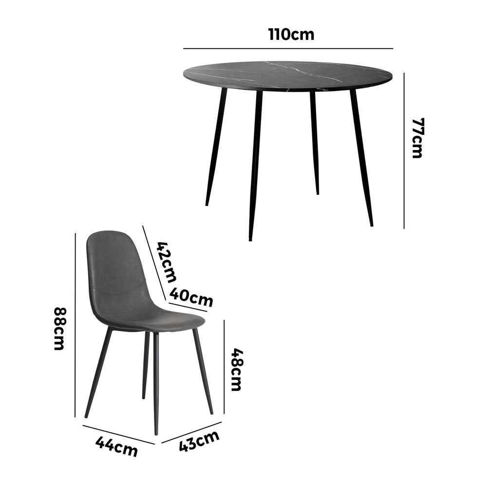 Oikiture 110cm Round Dining Table with 4PCS Dining Chairs PU Grey&Black