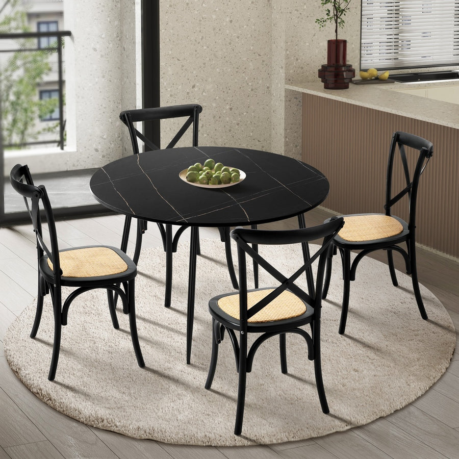 Oikiture 110cm Round Dining Table with 4PCS Dining Chairs Birch Timber Black