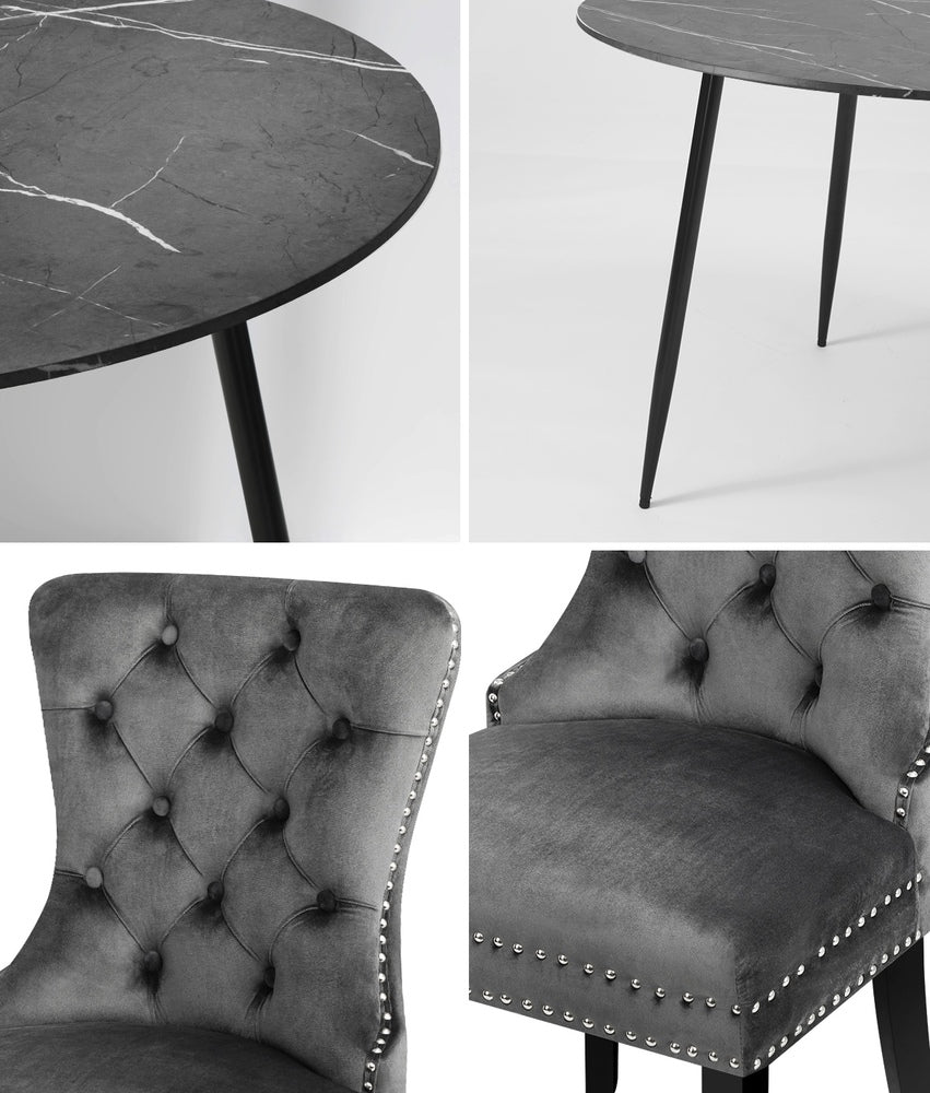 Oikiture 110cm Round Dining Table with 4 Dining Chairs Velvet Grey